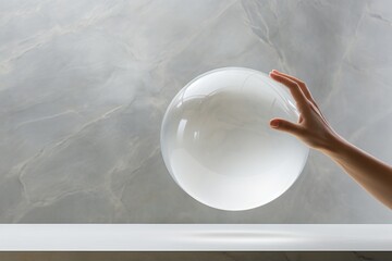 A hand holding a transparent ball made of glass or crystal against a gray marble background. - obrazy, fototapety, plakaty