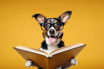 A happy dog with a book on a yellow background. The concept of education, training, and training of animals.