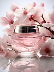A jar of pink face cream sits in front of a branch of cherry blossoms.