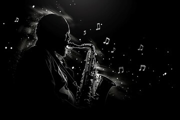 Man playing a saxophone with notes flying out of it on the theme of World Music Day - obrazy, fototapety, plakaty