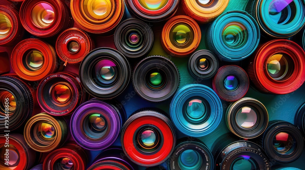 Poster an artistic composition of colorful camera lenses arranged in a creative pattern.