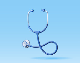 3D medical stethoscope isolated on blue. Render stethoscope doctor instrument icon. Medicine and healthcare, cardiology, pharmacy, drugstore, medical education. Vector illustration