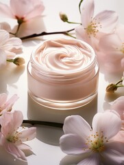 Obraz na płótnie Canvas Closeup photo of a jar of face cream with cherry blossoms.