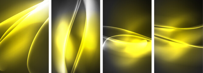 Four sleek banners featuring yellow and white waves on a black background, embodying fluidity and energy. Perfect for showcasing automotive lighting or glass drinkware in a modern setting