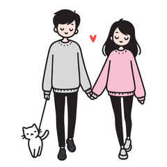 Cartoon of a smiling couple in sweaters holding hands with a small cat on a leash, with a heart symbolizing their love.