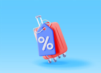 3d suitcase with blue price tag isolated. Render travel bag with coupon or voucher with percent symbol. Travel sale or tour discount. Holiday or vacation. Transportation concept. Vector illustration