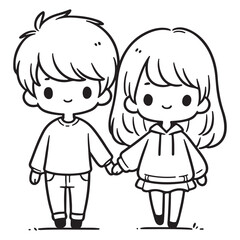 Line art drawing of a boy and a girl holding hands, capturing a moment of childhood friendship in a simple, charming style.
