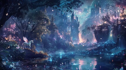 A fantasy-themed wallpaper with fairies, unicorns, and magical elements representing friendship magic. 