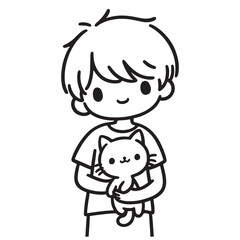 Line drawing in black and white featuring a young boy smiling gently while holding a content looking little cat.
