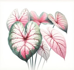 A collection of Caladium leaves in a watercolor style, highlighting their heart-shaped forms and vivid colors.