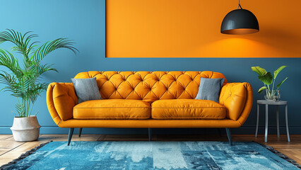 Vibrant Orange Sofa in a Stylish Blue Living Room