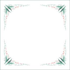 Fototapeta na wymiar Green floral frame with pink flowers, lily of the valley decorative corners for greeting cards, banners, business cards, invitations, menus. Isolated vector illustration. 