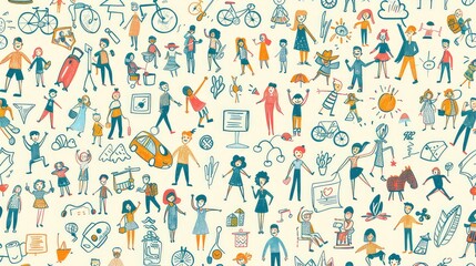 A pattern of hand-drawn doodles depicting friends doing various activities together. 
