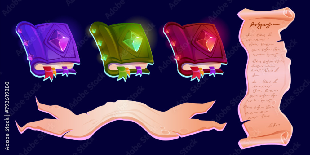 Poster old magic book and parchment scroll icon for medieval game ui. ancient wizard papyrus with spell. wi