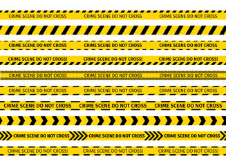 Crime scene yellow tape. Do not cross ribbon. Police warning barrier tapes for criminal accident places. Set of caution crime scene bands. Vector illustration. Seamless striped boundary lines