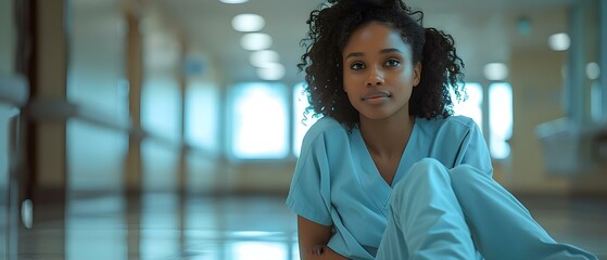A tired African American nurse sits on the hospital floor overwhelmed. Concept Healthcare Worker Burnout, Overwhelmed at Work, Exhausted Nurse, Stressful Job Environment
