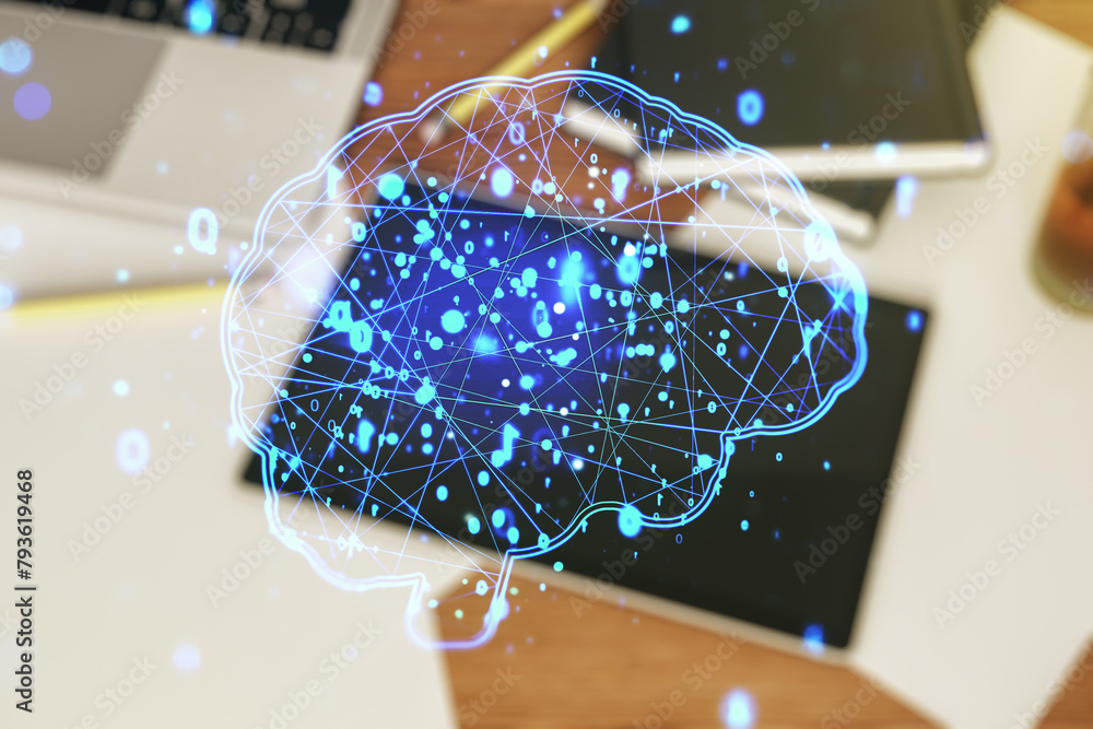 Aufkleber creative artificial intelligence concept with human brain sketch and modern digital tablet on deskto