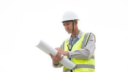 Structural engineers inspect and analyze outdoor construction site blueprint data, engineering and...