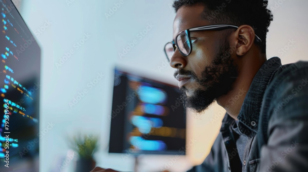 Poster a software developer in casual attire, coding on a laptop, focused and tech-savvy, against a clean w