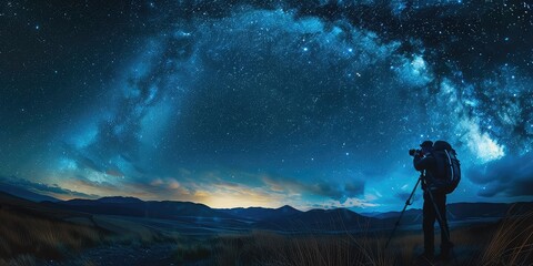 Fototapeta premium A photographer capturing the magic of a starry night sky with the Milky Way. 