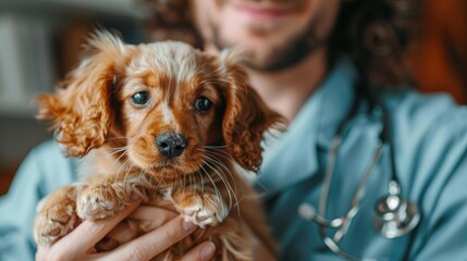 A veterinarian holds a puppy in his arms. The puppy is looking at the camera. The veterinarian is smiling.