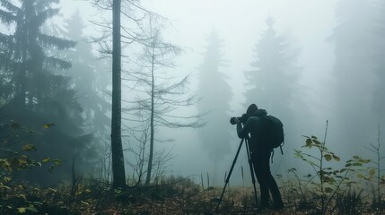 A photographer capturing the tranquility of a misty morning in a forest. 