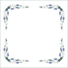 Green floral frame with blue grapes stylized, decorative corners for greeting cards, banners, business cards, invitations, menus. Isolated vector illustration.	