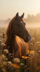 A serene image of a horse standing in a misty meadow at dawn, its coat glistening with dew, reflecting the peaceful and majestic aspects of farm animal care - obrazy, fototapety, plakaty