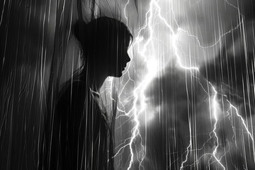 A shadowy figure standing behind a sheer curtain in a stormy night, with lightning briefly revealing a glimpse of a distorted face, creating a sudden shock and lingering terror - obrazy, fototapety, plakaty