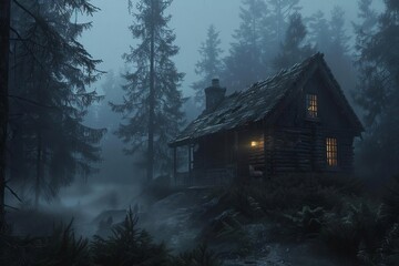 A sinister looking cabin in a dense, misty forest, with flickering lights and an unsettling quiet that sets the stage for ghostly tales and haunted explorations