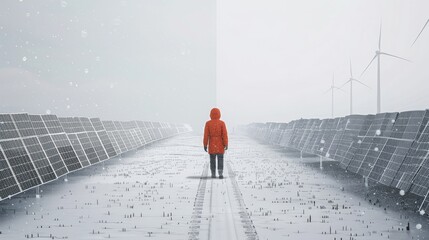 A solitary construction worker in a crisp, snowy landscape, walking alone through a silent field of solar panels under a grey sky, with just the outlines of wind turbines visible at the edge. - obrazy, fototapety, plakaty