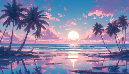 Fototapeta na wymiar Stunning full moon sets over the tranquil Indian Ocean, 4k wallpaper, casting an ethereal glow over the palm trees and reflecting in the crystal clear waters of Kandy Beach. Moonlit Serenity