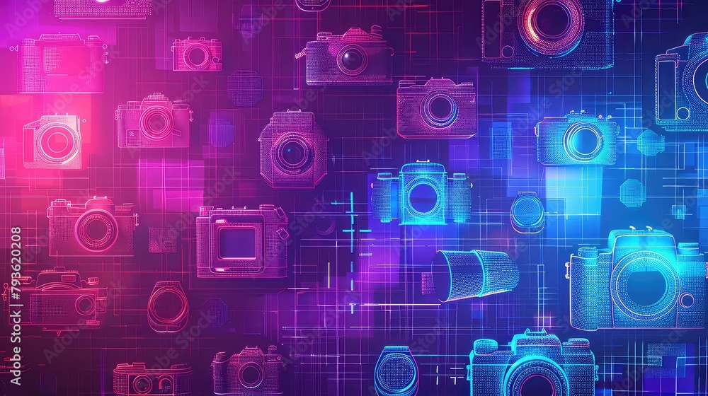 Poster a modern digital art background with pixelated camera icons and colorful gradients.