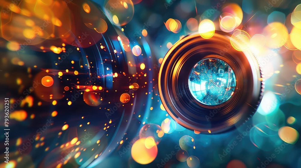 Aufkleber an artistic representation of a camera lens with light flares and bokeh effects.