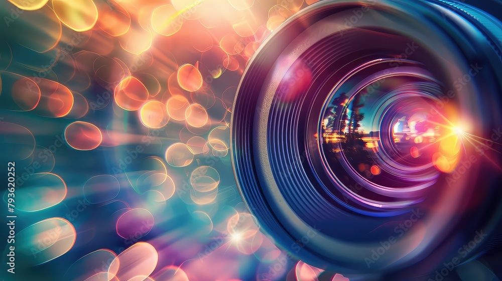 Poster an artistic representation of a camera lens with light flares and bokeh effects.