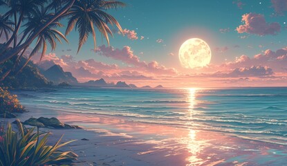 Stunning full moon sets over the tranquil Indian Ocean, 4k wallpaper, casting an ethereal glow over the palm trees and reflecting in the crystal clear waters of Kandy Beach. Moonlit Serenity