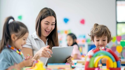 Fototapeta premium A teacher in a classroom, engaging with students via a tablet, educational and innovative, with a plain white background, styled as an educational technology ad.
