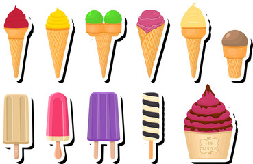 Illustration on theme big kit ice cream popsicle different types in cone waffle cup