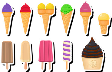 Illustration on theme big kit ice cream popsicle different types in cone waffle cup