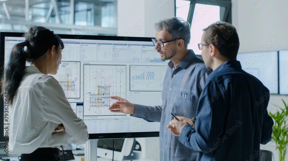 Poster a team of diverse engineers discussing over a large monitor, collaborative and animated, with a clea