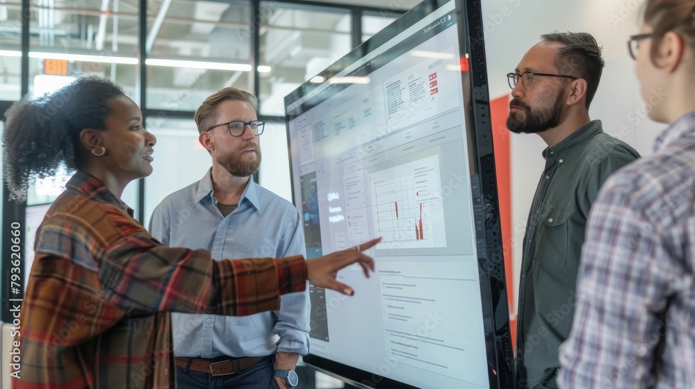 Poster a team of diverse engineers discussing over a large monitor, collaborative and animated, with a clea