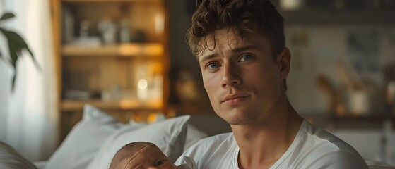 Man in white tshirt and short hair holding baby with concerned expression. Concept fatherhood, parenting, bonding, family relationship