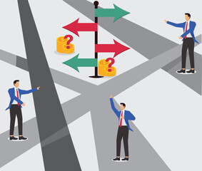 Fototapeta premium Business choices and decisions, decisions on job search or career development or business development goals and directions, finding the right business path and opportunities, a group of businessmen an