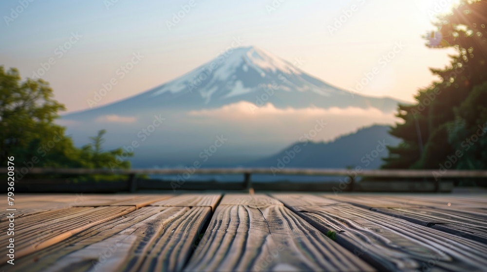 Poster wooden surface with a blurred backdrop and mount fuji in the background as a copy space for creating