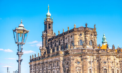 Dresden, Saxony, Germany. Panoramic cityscape over historical and touristic center in Dresden downtown, old Cathedral of Holy Trinity at theater square and old street light lamp