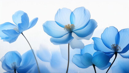 Transparent light blue flowers on white background, translucent alcohol ink colors and acrylic painting, with text space. For invitation card, wedding.