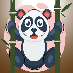 cheerful panda hanging on bamboo