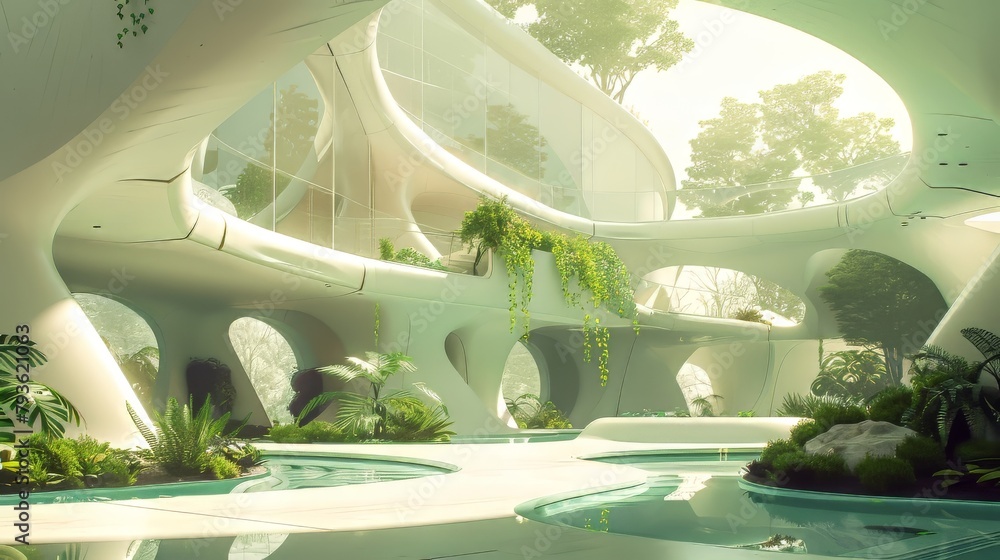 Poster abstract illustration of futuristic design patterns inspired by biophilic architecture and living bu