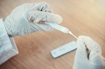 Hands, testing and doctor with virus swab and sample for medical work in hospital. Nurse, gloves...