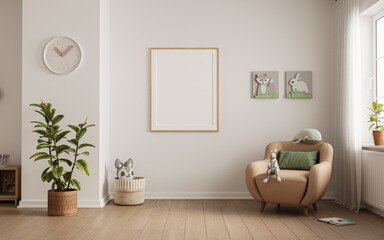 Interior of childroom in pastel colors in modern minimalist style. Copy space. Template, 3d rendering 
